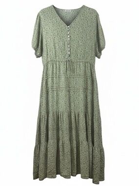Green Floral V-Neck Tiered Midi Dress with Drawstring Waist